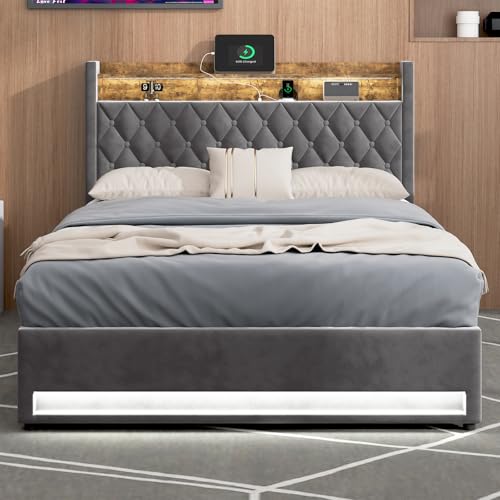 okwish Anhebbarer Queensize-Bettrahmen mit Stauraum und Stauraum-Kopfteil, gepolstertes Plattformbett mit LED-Beleuchtung, Queensize-Bett mit Hydraulik, kein Boxspring erforderlich (140x200cm) von okwish