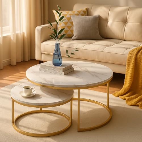 okwish Couchtisch 2er Set Satztisch Marmor Garten, Outdoor Couchtisch，Balkontisch Wohnzimmertisch für Schlafzimmer (Gold-A) von okwish