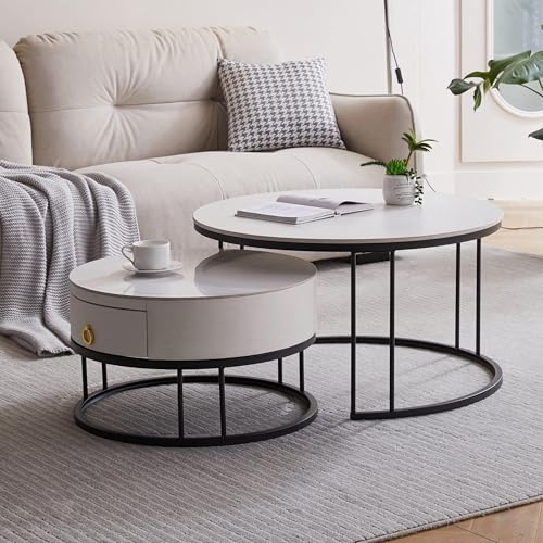 okwish Runden Couchtisch 2er Set, Moderne Wohnzimmertisch mit Marmoroptik, Hochglänzend Satztisch mit Stauraum, für Wohnzimmer, Balkon und Büro, Metallgestell, Weiß und Schwarz von okwish