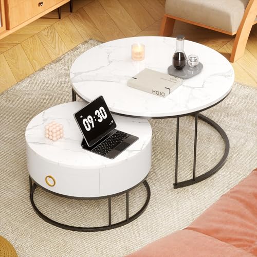 okwish Runden Couchtisch 2er Set, Moderne Wohnzimmertisch mit Marmoroptik, Hochglänzend Satztisch mit Stauraum, beistelltisch rund, für Wohnzimmer, Balkon und Büro, Metallgestell, Weiß und Schwarz von okwish