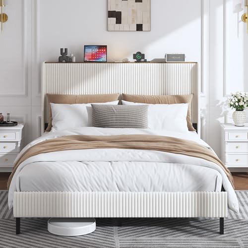 okwish Doppelbett, 160 x 200 cm – Polsterbett mit LED und USB Typ-C – Metallrahmen mit Lattenrost, gerippter Stoff, Beige, ohne Matratze okwish Doppelbett, 160 x 200 cm – Polsterbett mit LED und USB Typ-C – Metallrahmen mit Lattenrost, gerippter Stoff, Beige, ohne Matratze von okwish