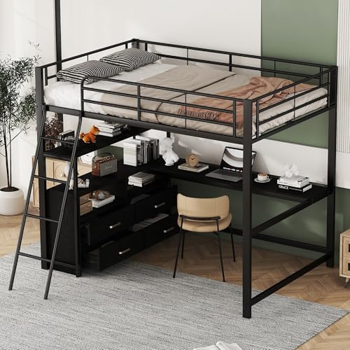 okwish Hochbett 140x200 cm Metallbett Bettgestell mit Stauraum & Schreibtisch, Kinderbett Eisenbett mit Schrägleiter & Rausfallschutz, Jugendbett mit Schubladen & Mehrere Regale, Schwarz von okwish