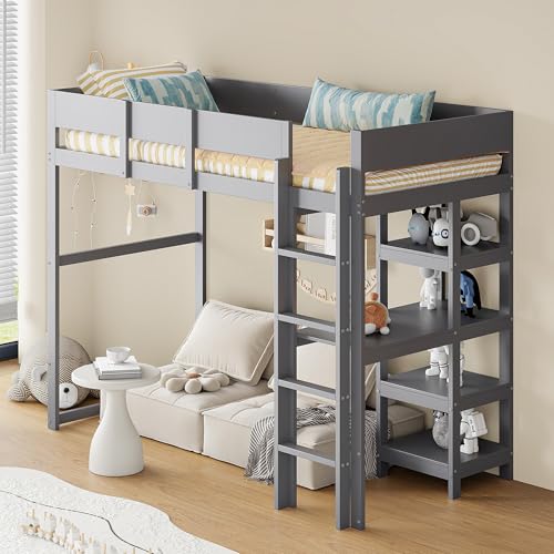 okwish Hochbett 90x200 cm, Kinderbett mit 4 Einlegeböden,Einzelbett mit Lattenrost, Jugendbett, Bettgestell aus Massivem Kiefernholz, Grau(Ohne Matratze) von okwish