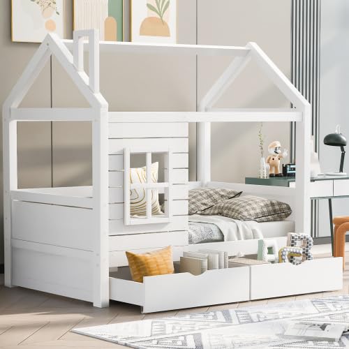 okwish Kinderbett 80x160cm, Hausbett mit Rausfallschutz vielseitiges,Einzelbett mit Zwei Schubladen, Holzbett mit Fenster und Lattenrost, Weiß (Ohne Matratze) von okwish