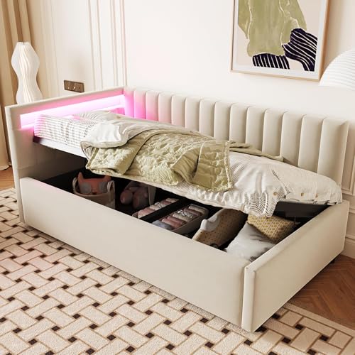 okwish Schlafsofa Einzelbett 90x200 cm Bett, Jugendbett Tagesbett Hydraulisch Stauraumbett Funktionsbett mit LED Kopfteil, Daybett Gepolstertes Bettgestell mit Lattenrost, Samt Beige, ohne Matratze von okwish
