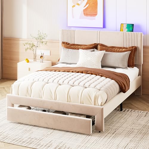 okwish Polsterbett 140x200 cm Doppelbett, Funktionsbett mit LED Lichtleiste & USB Typ-C Anschluss, Stauraumbett mit Schublade, Gepolstertes Bettgestell mit Lattenrost, Samt Beige, ohne Matratze von okwish