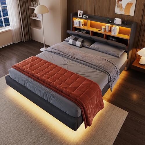 okwish Polsterbett 140x200 cm Schwebebett mit LED Bettgestell, Funktionsbett mit USB & Typ-C Aufladung, Stauraumbett Kopfteil mit Aufbewahrung, Doppelbett mit Lattenrost, Leinen Grau, ohne Matratze von okwish