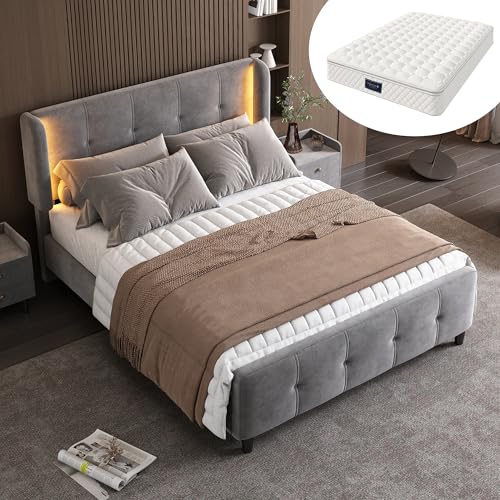 okwish Polsterbett 140x200 cm Doppelbett, Gepolstertes Bettgestell mit Bett Kopfteil LED-Lichtleistenin, DREI Höhen verstellbar, Samt, Grau - mit Matratze von okwish