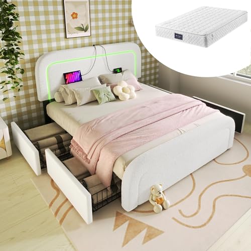 okwish Polsterbett 140x200 Jugendbett, Höhenverstellbares Kopfteil mit LED Beleuchtung und USB Typ C, Einzelbett mit Schubladen und Lattenrost, Sherpa Weiß mit Matratze von okwish