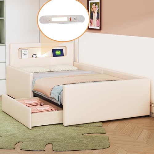 okwish Polsterbett Kinderbett 90x200 cm, Jugendbett mit Schubladen & Stauraum, Einzelbett mit LED Nachtlicht & USB-Anschluss, Kunstleder, Beige, ohne Matratze okwish Polsterbett Kinderbett 90x200 cm, Jugendbett mit Schubladen & Stauraum, Einzelbett mit LED Nachtlicht & USB-Anschluss, Kunstleder, Beige, ohne Matratze von okwish