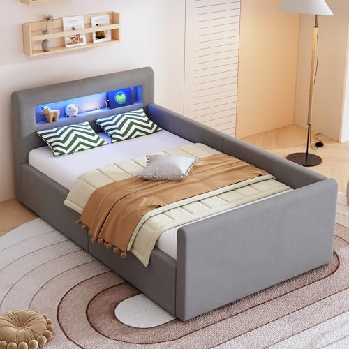 okwish Polsterbett Kinderbett 90x200 cm, Jugendbett mit hydraulischem Stauraum, LED Nachtlicht & USB-Anschluss, Samtstoff, Hellgrau, ohne Matratze okwish Polsterbett Kinderbett 90x200 cm, Jugendbett mit hydraulischem Stauraum, LED Nachtlicht & USB-Anschluss, Samtstoff, Hellgrau, ohne Matratze von okwish