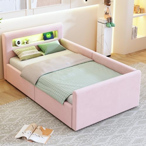 okwish Polsterbett Kinderbett 90x200 cm, Jugendbett mit hydraulischem Stauraum, LED Nachtlicht & USB-Anschluss, Samtstoff, Rosa, ohne Matratze von okwish