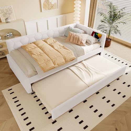 okwish Polsterbett Tagesbett 90x200cm, Multifunktionalem Ausziehbett mit USB-Anschluss, Typ-C,Schlafsofa mit Lattenrost und Nachttischlampe, Kinderbett, Vliesimitat, Weiß (Ohne Matratze) von okwish