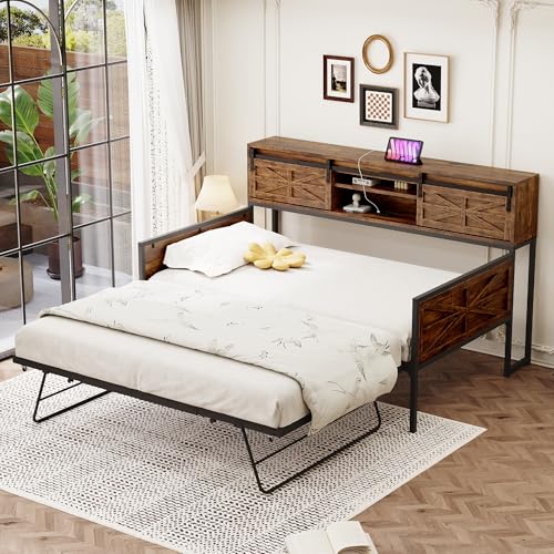 okwish Schiebebett Schlafsofas 90x200 cm Kinderbett mit Ablagefächern, Jugendbett Funktionsbett mit Steckdose USB Typ-C, Metallbett Bettgestell Ausziehbett Daybett Gästebett, Braun (Ohne Matratze) von okwish