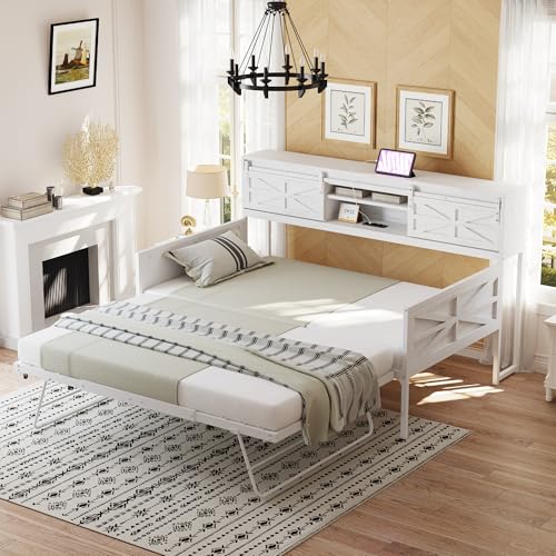 okwish Schiebebett Schlafsofas 90x200 cm Kinderbett mit Ablagefächern, Jugendbett Funktionsbett mit Steckdose USB Typ-C, Metallbett Bettgestell Ausziehbett Daybett Gästebett, Weiß (Ohne Matratze) von okwish