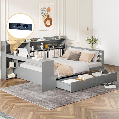okwish Kinderbett 140x200 cm, Jugendbett mit Schreibtisch Schubladen Stauraum Regal, Funktionsbett mit Steckdose USB Ladefunktion, Bettgestell mit Lattenrost, Kiefernholz, Grau ohne Matratze von okwish