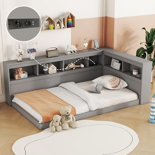 okwish Schlafsofas 90x200 cm Kinderbett mit Ablagefächern, Jugendbett Funktionsbett mit Steckdose & USB, Daybett Holzbett Einzelbett Bettgestell mit Lattenrost, Grau (Ohne Matratze) von okwish