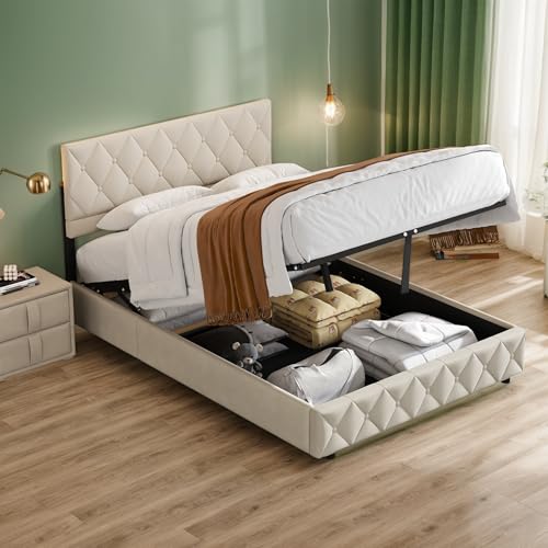 okwish Upholstered Bed, beige ， Bed Frame with Buttons, Under-Bed Storage, upholstered Linen headboard, Wooden slatted Support (140 * 190) von okwish