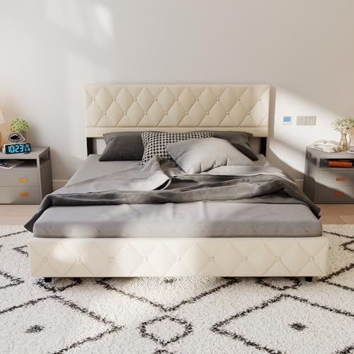 okwish Upholstered Bed, beige 140 x 190 cm, Bed Frame with Buttons, Under-Bed Storage, upholstered Linen headboard, Wooden slatted Support okwish Upholstered Bed, beige 140 x 190 cm, Bed Frame with Buttons, Under-Bed Storage, upholstered Linen headboard, Wooden slatted Support von okwish