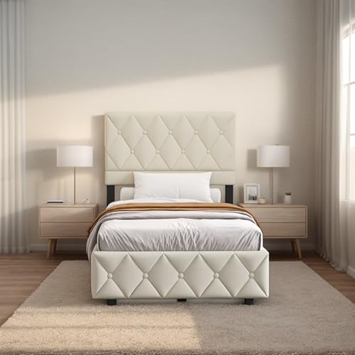 okwish Upholstered Bed, beige 90 x 190 cm, Bed Frame with Buttons, Under-Bed Storage, upholstered Linen headboard, Wooden slatted Support okwish Upholstered Bed, beige 90 x 190 cm, Bed Frame with Buttons, Under-Bed Storage, upholstered Linen headboard, Wooden slatted Support von okwish