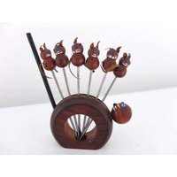 Käsespieße Cocktailspieße Cocktail Spieße Teak Holz Katzen Party Silvester Vintage Retro Mid Century 60'er Jahre von oldcamerasandmore