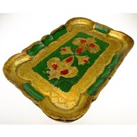 Tablett Tischtablett Servieren Orientalisch Platte Servierplatte Barock Goldfarben Grün Tray von oldcamerasandmore
