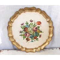 Tablett Tischtablett Serviertablett Platte Servierplatte Barock Italy Blumenmuster Goldfarben von oldcamerasandmore