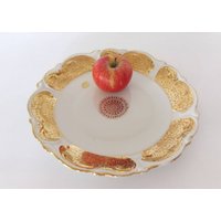 Tortenplatte Kuchenplatte Prunkteller Obstteller Obstschale Goldrand Goldmotiv Porzellan Manufaktur Händel Bavaria 50'er Jahre von oldcamerasandmore