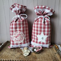 2 Geschenkesäcke Ca. 36x17 cm - Handgewebtes Leinen Mit Appliziertem Stern + Engel von oldlinen4you