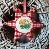 Stern -Rot Weiß - Stickbild Bauernleinen Wäscheknöpfe von oldlinen4you