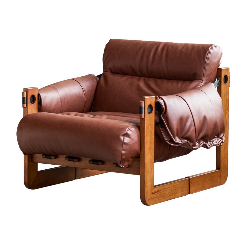 oleyluckidea Relaxsessel Vintage Braun PU-Leder mit Armlehnen Massivholzbeinen (Set, Einzelstück), Massivholzrahmen von oleyluckidea