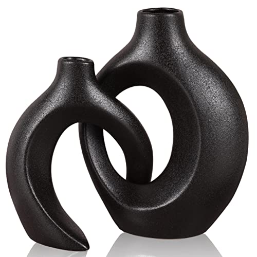 Hohle Keramikvase 2er Set, Weiß Modern Boho Dekor, Nordic Minimalistische Raumdekoration, Geeignet für Esstisch Tafelaufsatz Wohnzimmer Hochzeit Zuhause Esszimmer Büro Dekorationen (Schwarz) von oliruim