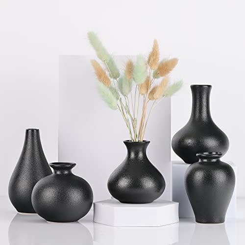 Schwarze Mini-Knospenvase, Set mit 5 kleinen schwarzen Keramikvasen für Tafelaufsätze, Bauernhaus, Tischdekoration, neutrale Heimdekoration von oliruim