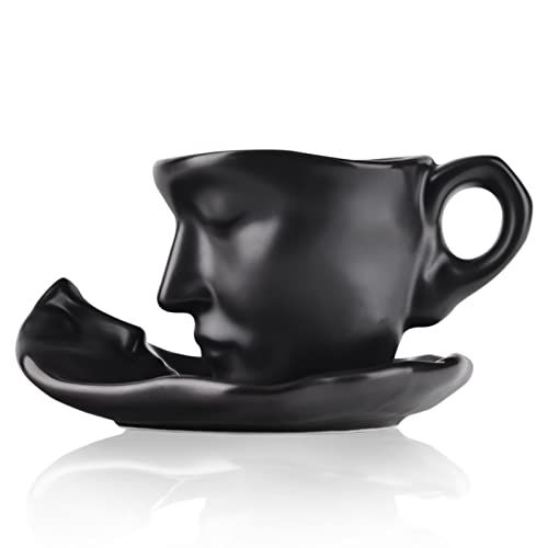 oliruim Teetasse und Untertasse Set Keramik Küssendes Paar Kaffeetasse Set Mit Löffel Gesicht Kaffeetasse Einzigartige Teetasse und Untertasse Valentinstag Weihnachten Kreatives Geschenk von oliruim