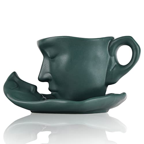 oliruim Kaffeebecher-Set, kreative abstrakte Kunst, küssende Kaffeetasse, mit Scheibe und Löffel, leichtes Luxus-Familienbüro-Geschirr-Dekoration (grün) von oliruim