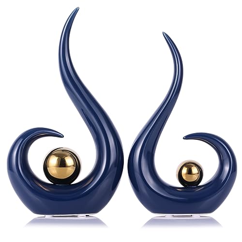 oliruim Navy Blue Home Decor Keramik Skulptur Set 2.Moderne Abstrakte Kunst Statue für Marineblau Wohnzimmer Dekoration, Eingang, Küche, TV-Schrank, Marineblau Badezimmer Dekoration (Navy Blue Gold) von oliruim