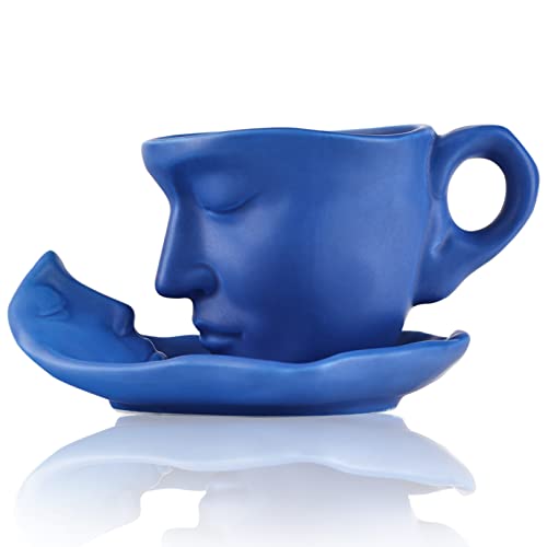 oliruim blau Teetasse und Untertasse Set Keramik Küssendes Paar Kaffeetasse Set mit Löffel Gesicht Einzigartige Teetasse und Untertasse Valentinstag Weihnachten Kreatives Geschenk(blau) von oliruim