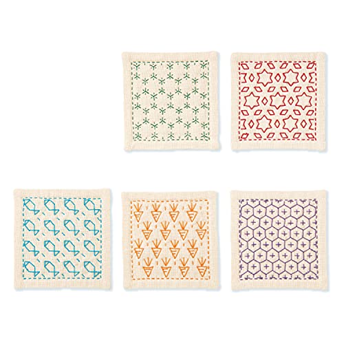 Olympus Thread Hitomezashi Sashiko Stickpackung Untersetzer ecru 5Stk mit dünnem Sashiko Garn Stoff bedruckt von Olympus