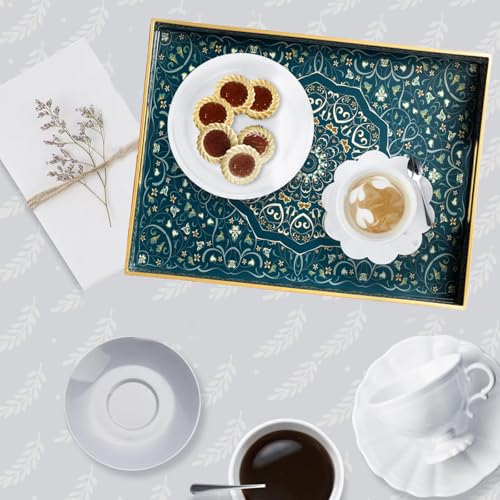 Dekoratives Serviertablett aus Kunststoff, Couchtisch-Tablett, böhmisches Grifftablett, geeignet für Küche, geeignet für Badezimmer (rechteckiges Blau3) von omoigawa