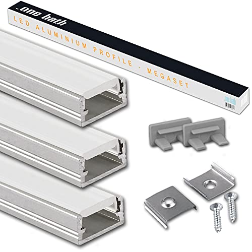 .one-bath LED Aluprofil 2m am Stück I LED Alu Profile 3x2m Aluminium satiniert I Aluminiumprofil für LED Stripes I Lichtleiste I Aufputz I Inne und Außen von .one-bath