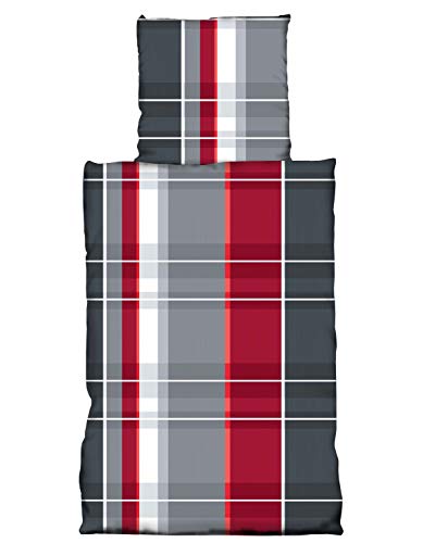one-home 2 TLG Flausch Bettwäsche 135 x 200 cm Streifen rot grau Thermofleece von one-home