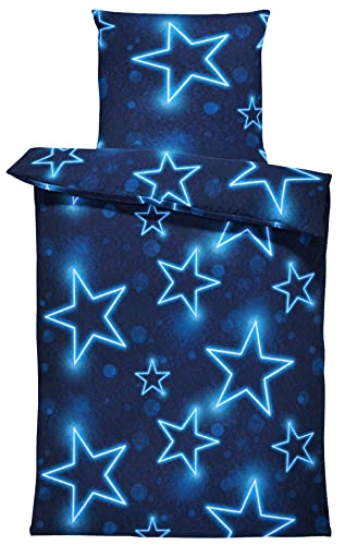 one-home 4 teilig Winter Bettwäsche 155x220 cm Sterne dunkel blau Flausch Thermo Fleece von one-home