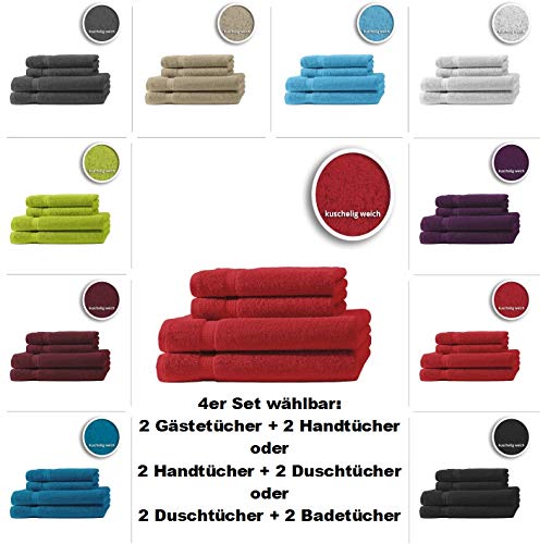 one-home 4er/6er Set Gästetücher Handtücher Duschtücher Badetücher Frottee 100% Baumwolle, Präzise Farbe:Rot, Maße:2 Gästetücher + 2 Handtücher von one-home