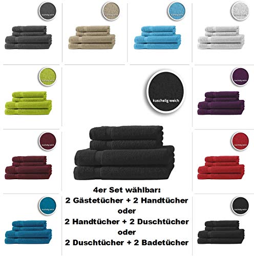 one-home 4er/6er Set Gästetücher Handtücher Duschtücher Badetücher Frottee 100% Baumwolle, Präzise Farbe:Schwarz, Maße:2 Handtücher + 2 Duschtücher von one-home