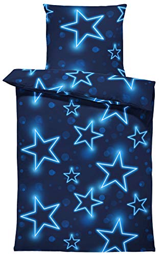 one-home Bettwäsche 155x220 cm Sterne Stars dunkel blau leuchtoptik Übergröße Microfaser von one-home