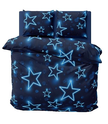 one-home Bettwäsche 240x220 cm Sterne Stars dunkel blau leuchtoptik Doppelbett Mikrofaser von one-home