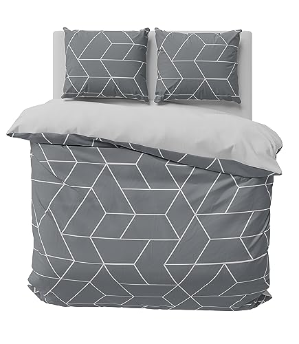 one-home Bettwäsche Mikrofaser Garnitur Bettbezug modern viele Muster mit Reißverschluss, Farbe:Geometrisch grau, Größe:3 teilig 240x220 cm von one-home