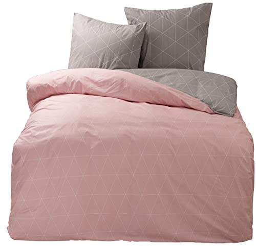 one-home Bettwäsche Raute Geometrisch rosa grau modern Wendebettwäsche Baumwolle Renforcé, Größe:2 teilig 135x200 cm - Normalgröße von one-home
