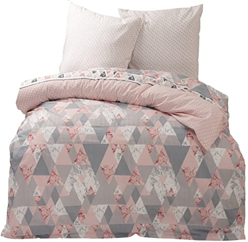 one-home Bettwäsche Set Grafisch Marmor Punkte modern grau rosa Wende Baumwolle Renforce, Größe:2 teilig 155x220 cm - Übergröße von one-home