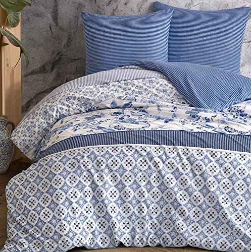 one-home Bettwäsche Set Paisley Streifen Blumen Retro blau weiß Wende Baumwolle Renforce, Größe:3 teilig 200x200 cm - Doppelbett von one-home